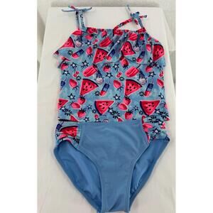 Cat & Jack Girls Tankini Fruit Pattern Frilled Top Blue Bottoms Swimsuit L 10/12